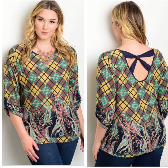 NAVY TEAL Printed PLUS SIZE TOP - Picture 1 of 1